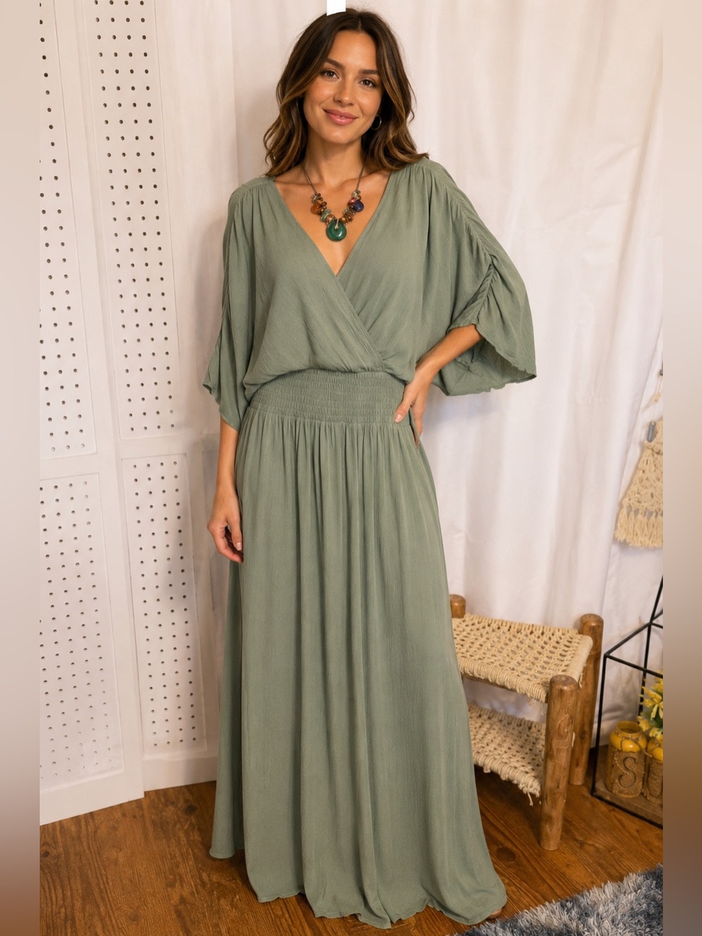 Sage Green V-Neck Smocked Waist Maxi Dress